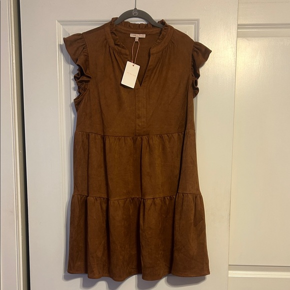 Skies Are Blue Dresses & Skirts - Skies Are Blue Brown faux suede  Ruffle Dress